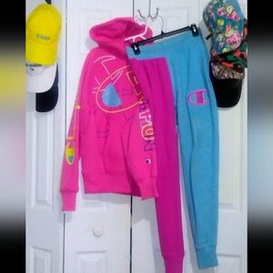 Unisex Champion Pink and Light Blue Colorblock Hoodie & Joggers Set